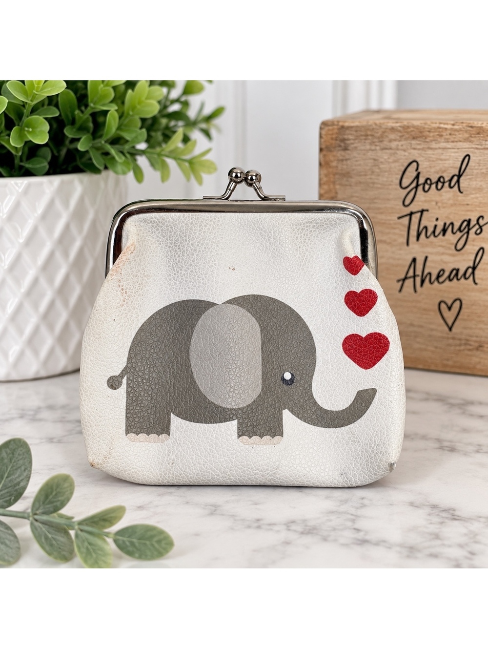 Elephant Coin Purse White Gray Red Hearts Kiss Lock Clasp Small Wallet Pouch